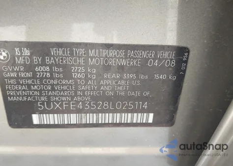 2008 BMW X5 3.0Si from USA, damaged, VIN 5UXFE43528L025114